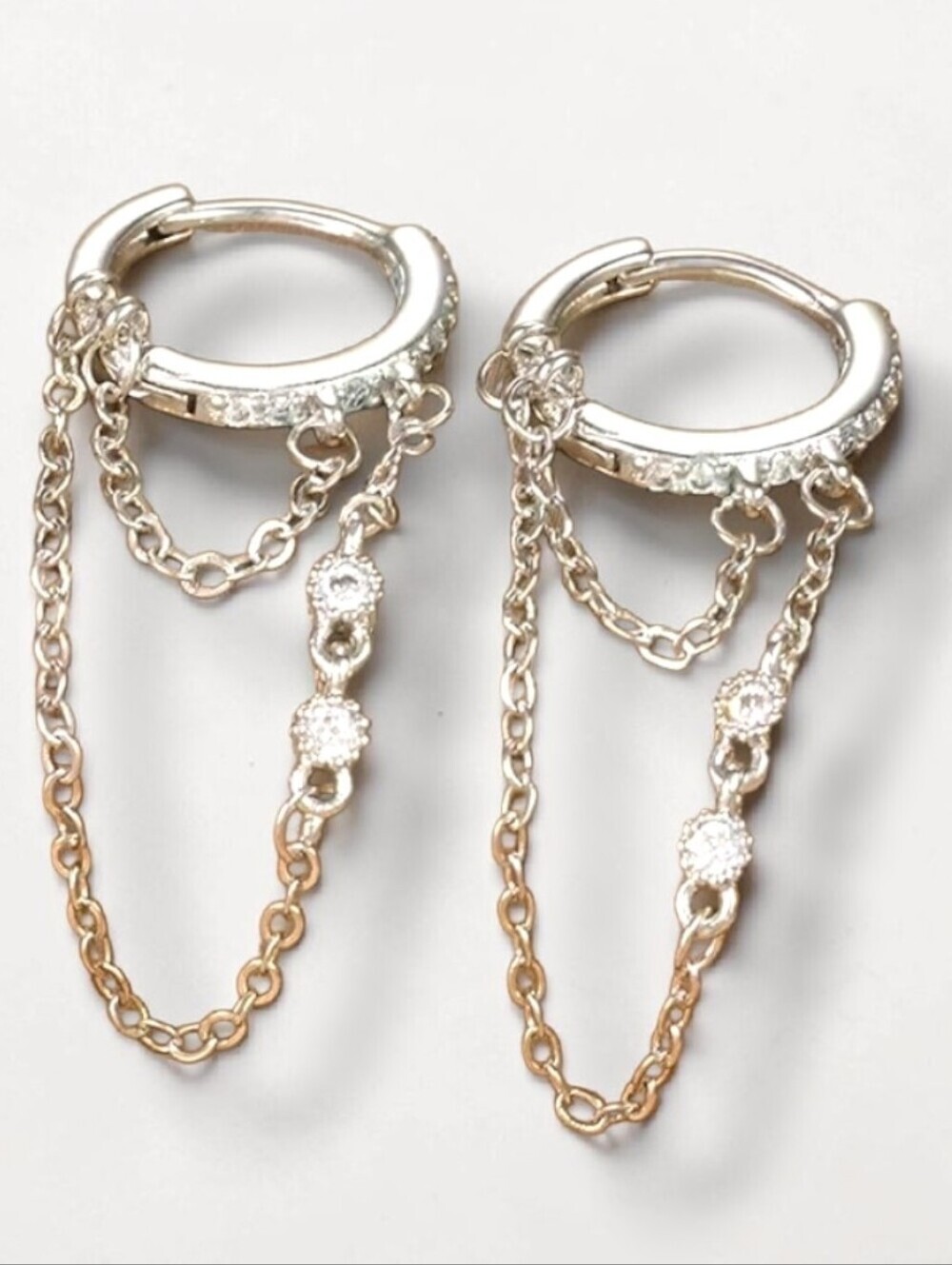 New! Silver Chain Huggie Hoop Earrings w Bezel Cubic Zirconia (2005e12)